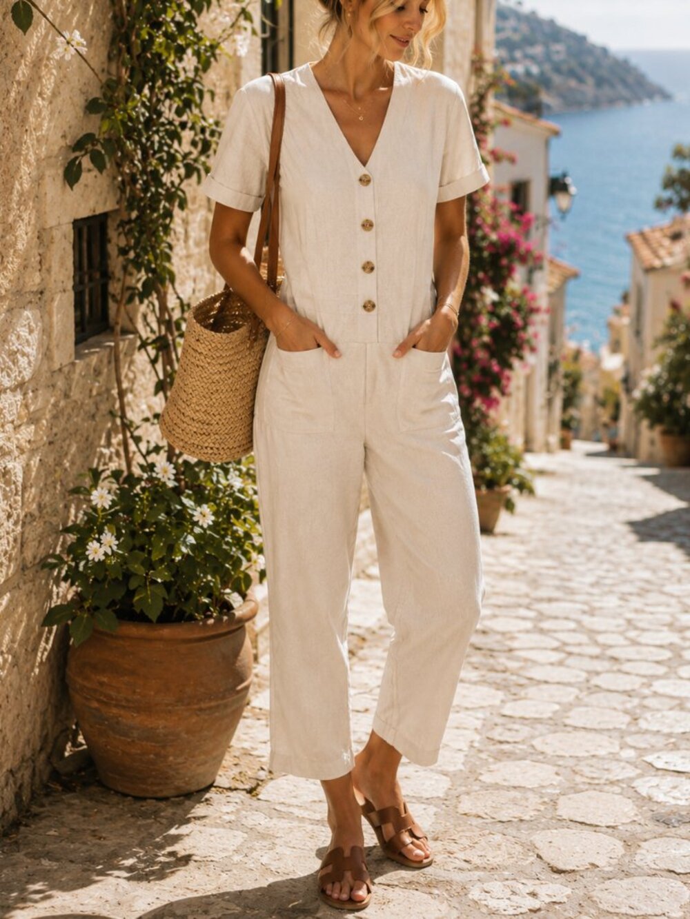 Roolee Neutral Cream Button Front Cotton Jumpsuit XS Minimalist Capsule